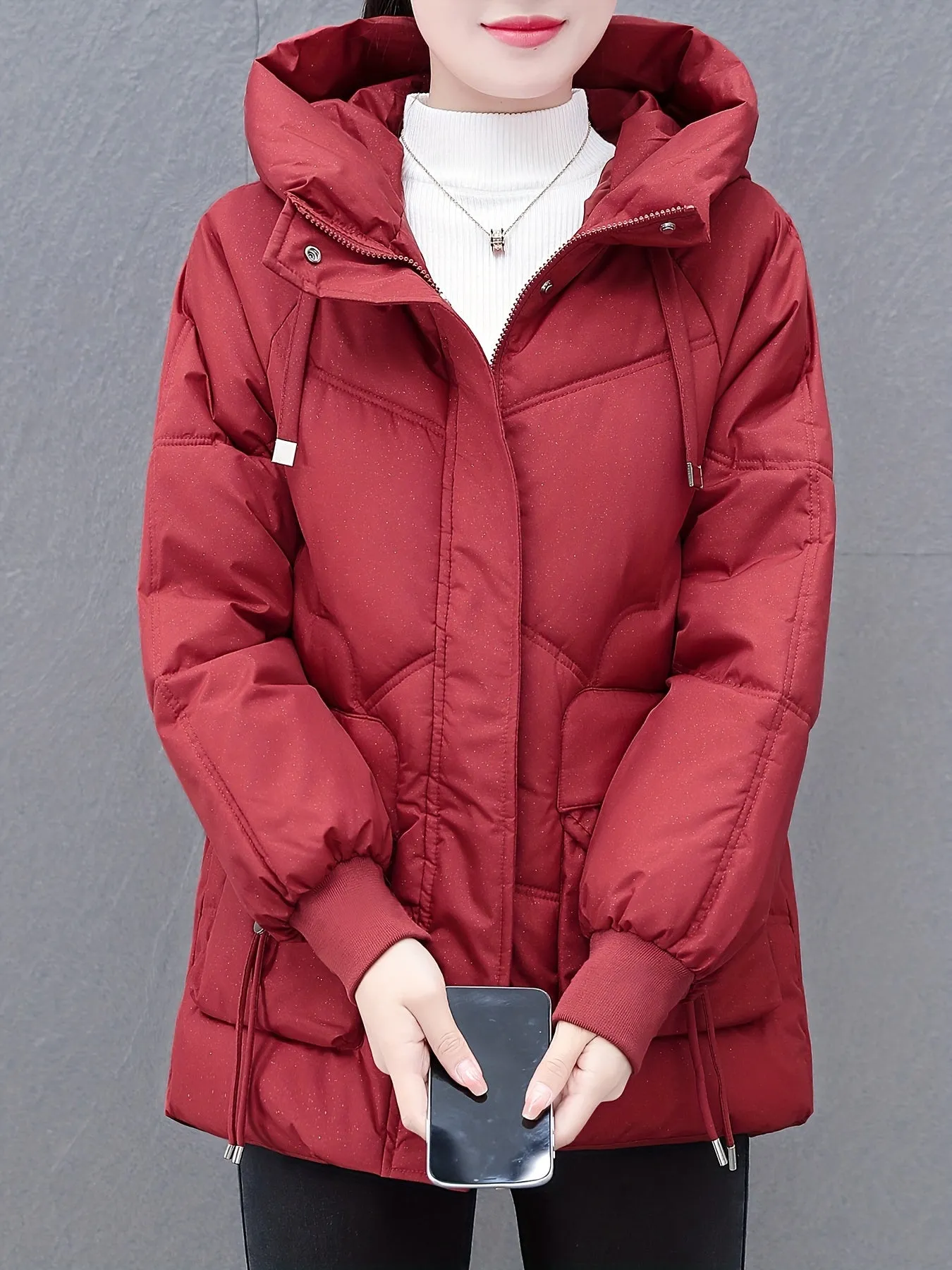 Women's Casual Mid-Length Down Cotton Coat with Hood, Solid Color, Woven Polyester, Long Sleeve, Non-Stretch, No Belt, Non-Waterproof, with Pockets - Winter Thick Cotton Parka