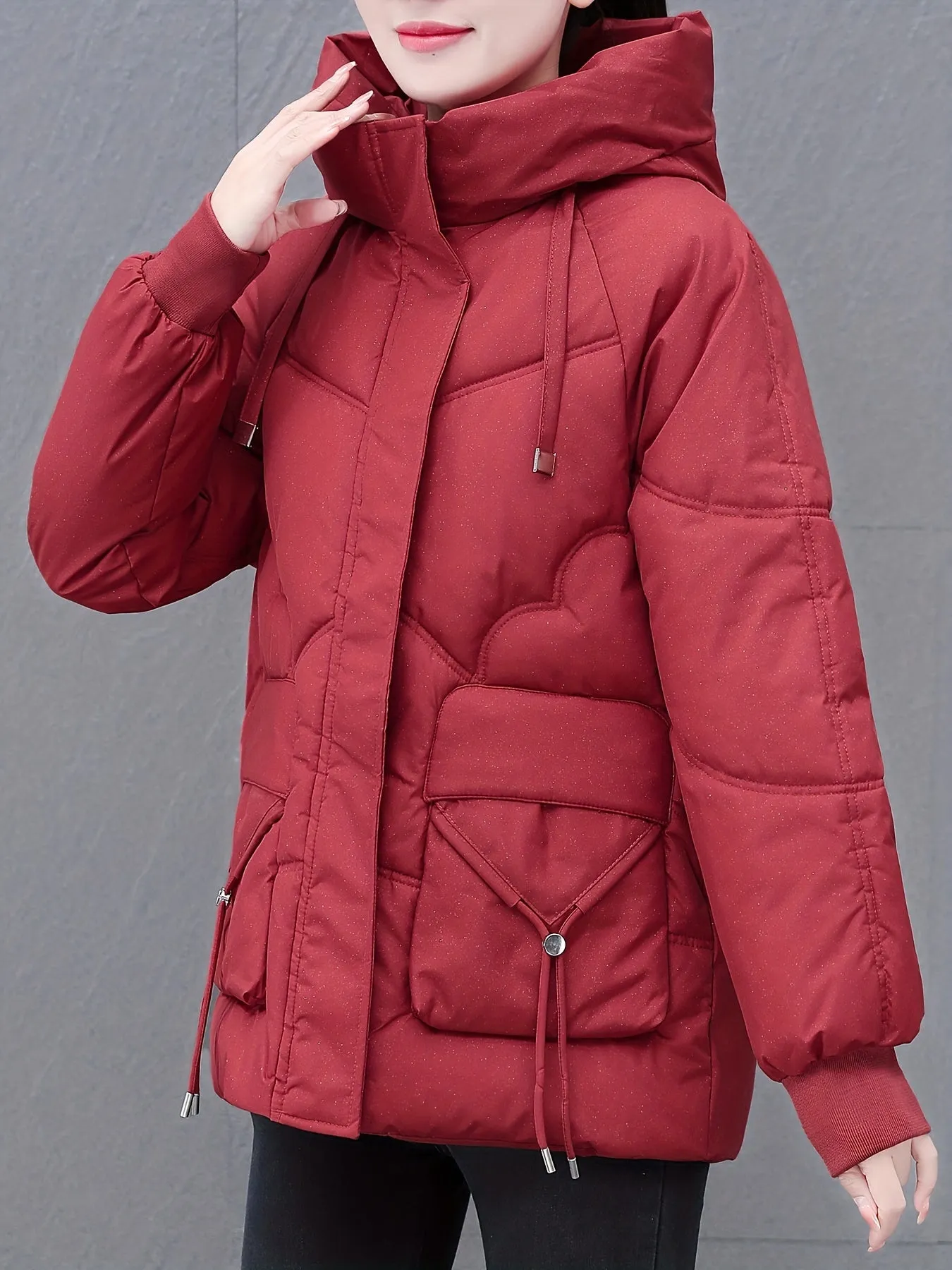 Women's Casual Mid-Length Down Cotton Coat with Hood, Solid Color, Woven Polyester, Long Sleeve, Non-Stretch, No Belt, Non-Waterproof, with Pockets - Winter Thick Cotton Parka