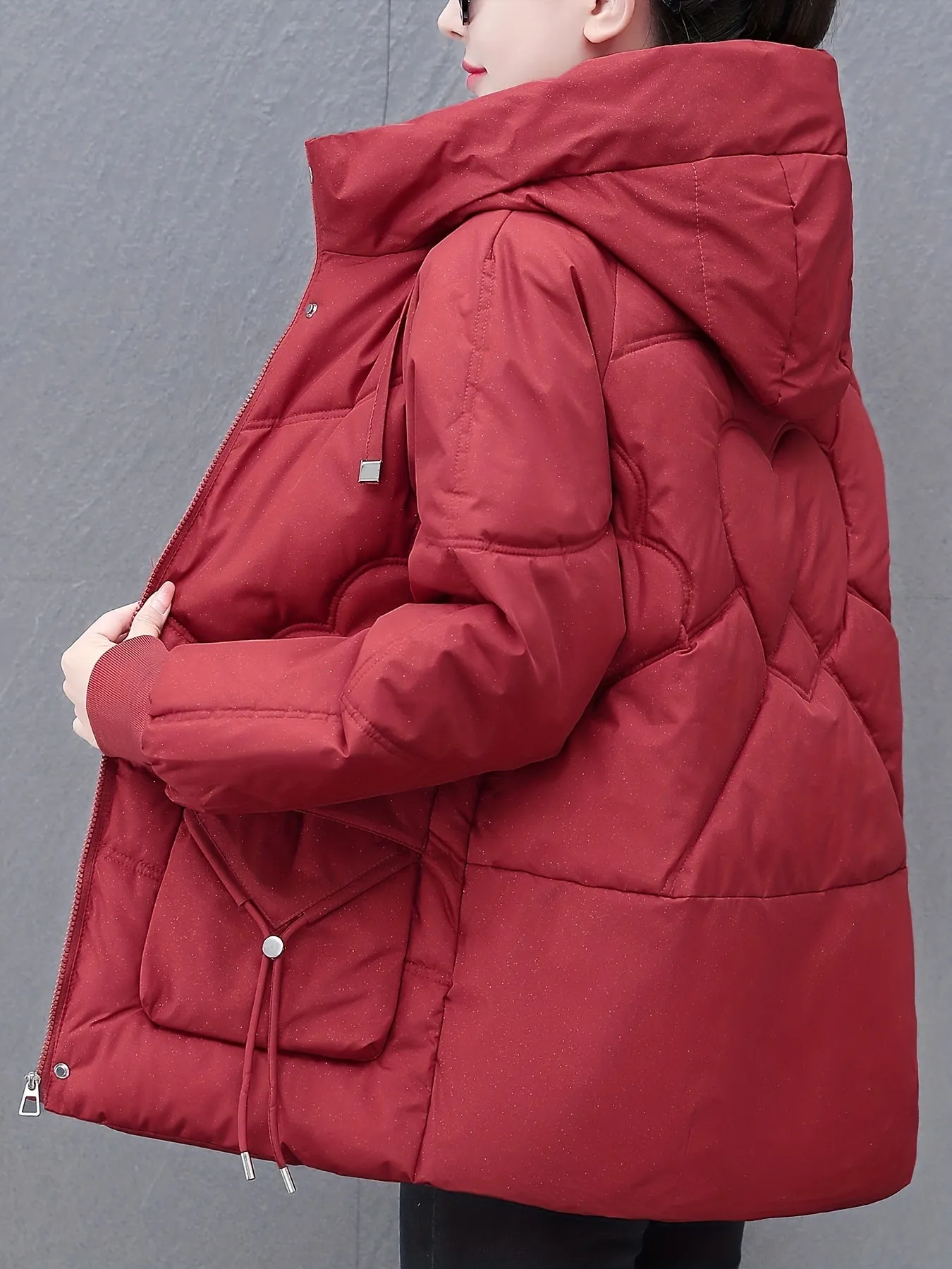 Women's Casual Mid-Length Down Cotton Coat with Hood, Solid Color, Woven Polyester, Long Sleeve, Non-Stretch, No Belt, Non-Waterproof, with Pockets - Winter Thick Cotton Parka