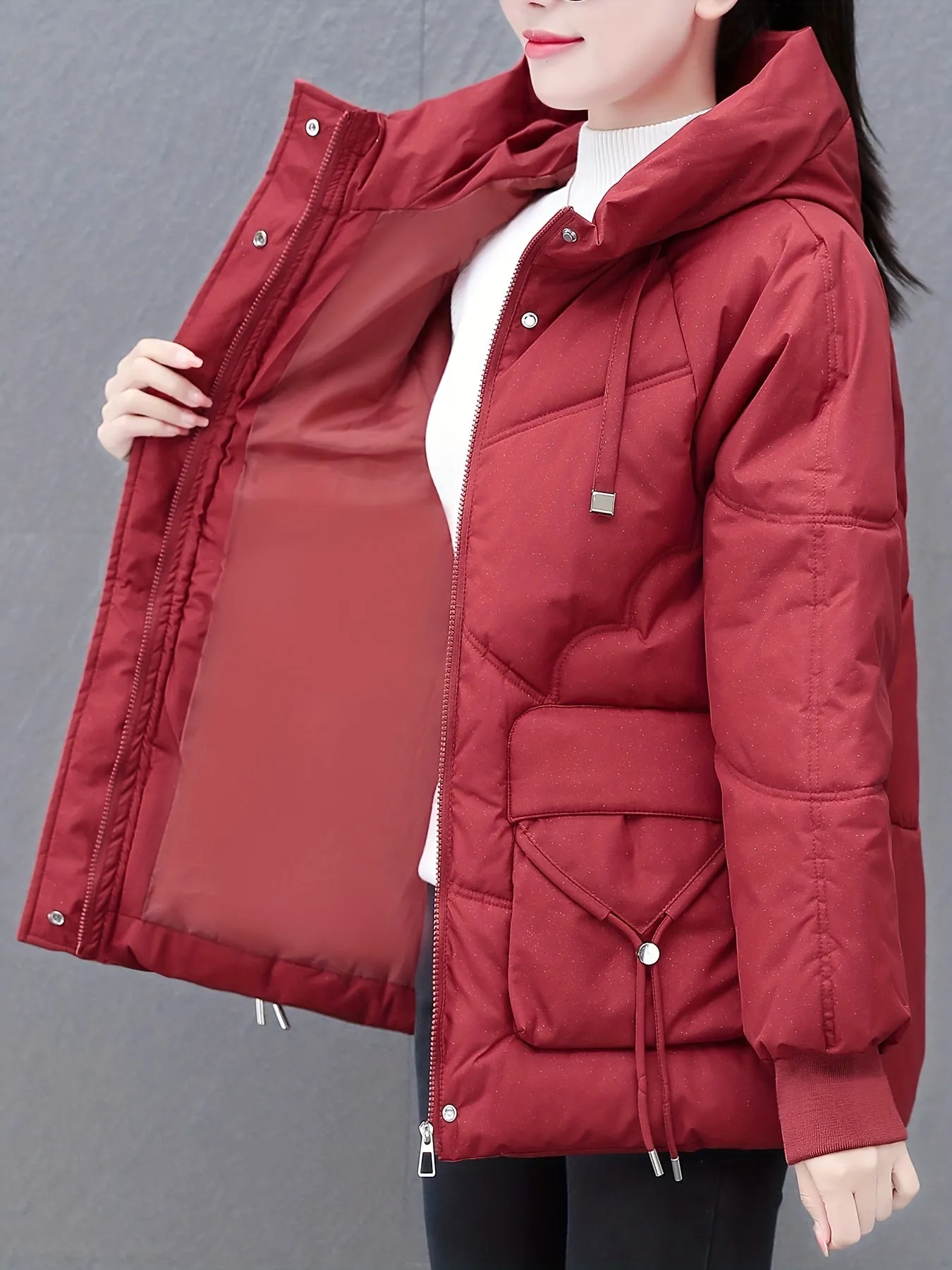 Women's Casual Mid-Length Down Cotton Coat with Hood, Solid Color, Woven Polyester, Long Sleeve, Non-Stretch, No Belt, Non-Waterproof, with Pockets - Winter Thick Cotton Parka