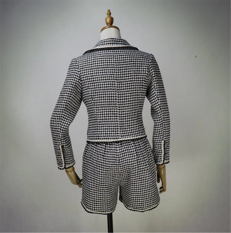 Womens Designer Inspired Custom Made Checked Pattern Tweed Crop Blazer   Shorts/Skirt Suit