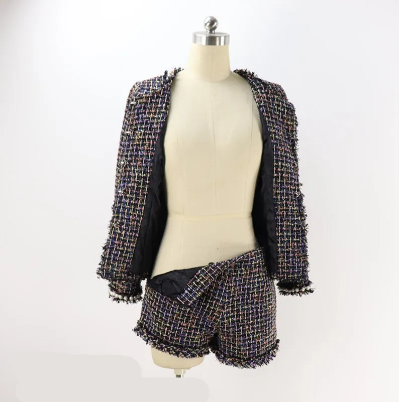 Women's Designer Inspired Pearls Hand Made Multi-Colour Custom Made Tweed Shorts/Skirt Suit