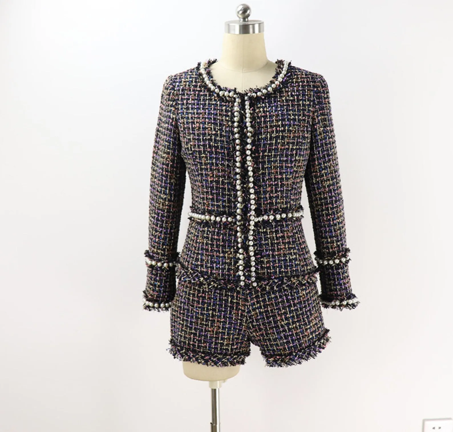 Women's Designer Inspired Pearls Hand Made Multi-Colour Custom Made Tweed Shorts/Skirt Suit