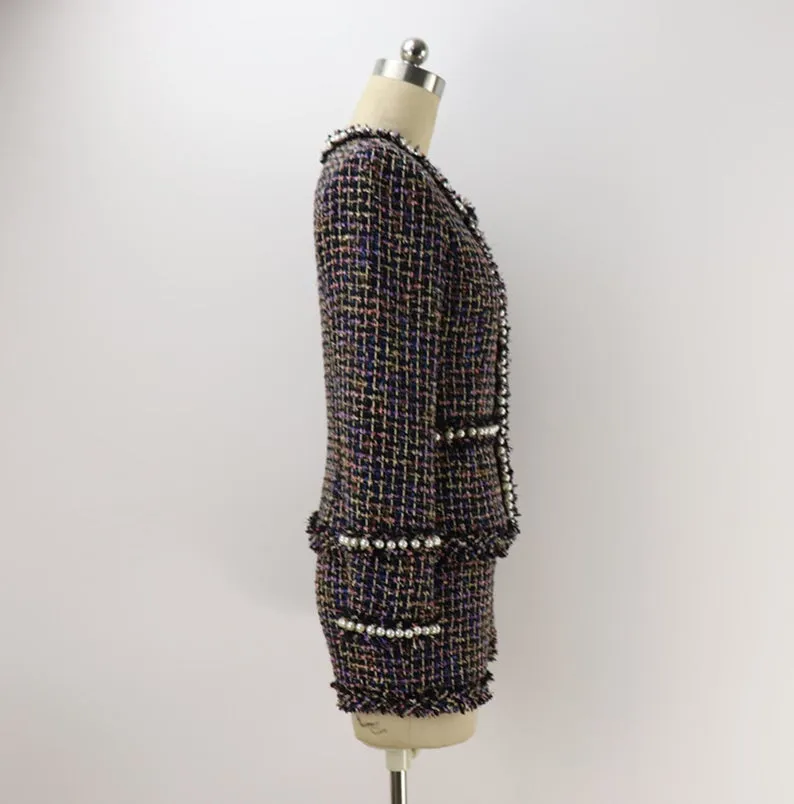 Women's Designer Inspired Pearls Hand Made Multi-Colour Custom Made Tweed Shorts/Skirt Suit