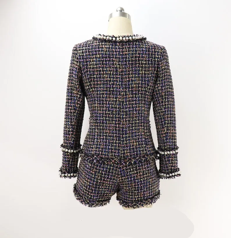 Women's Designer Inspired Pearls Hand Made Multi-Colour Custom Made Tweed Shorts/Skirt Suit