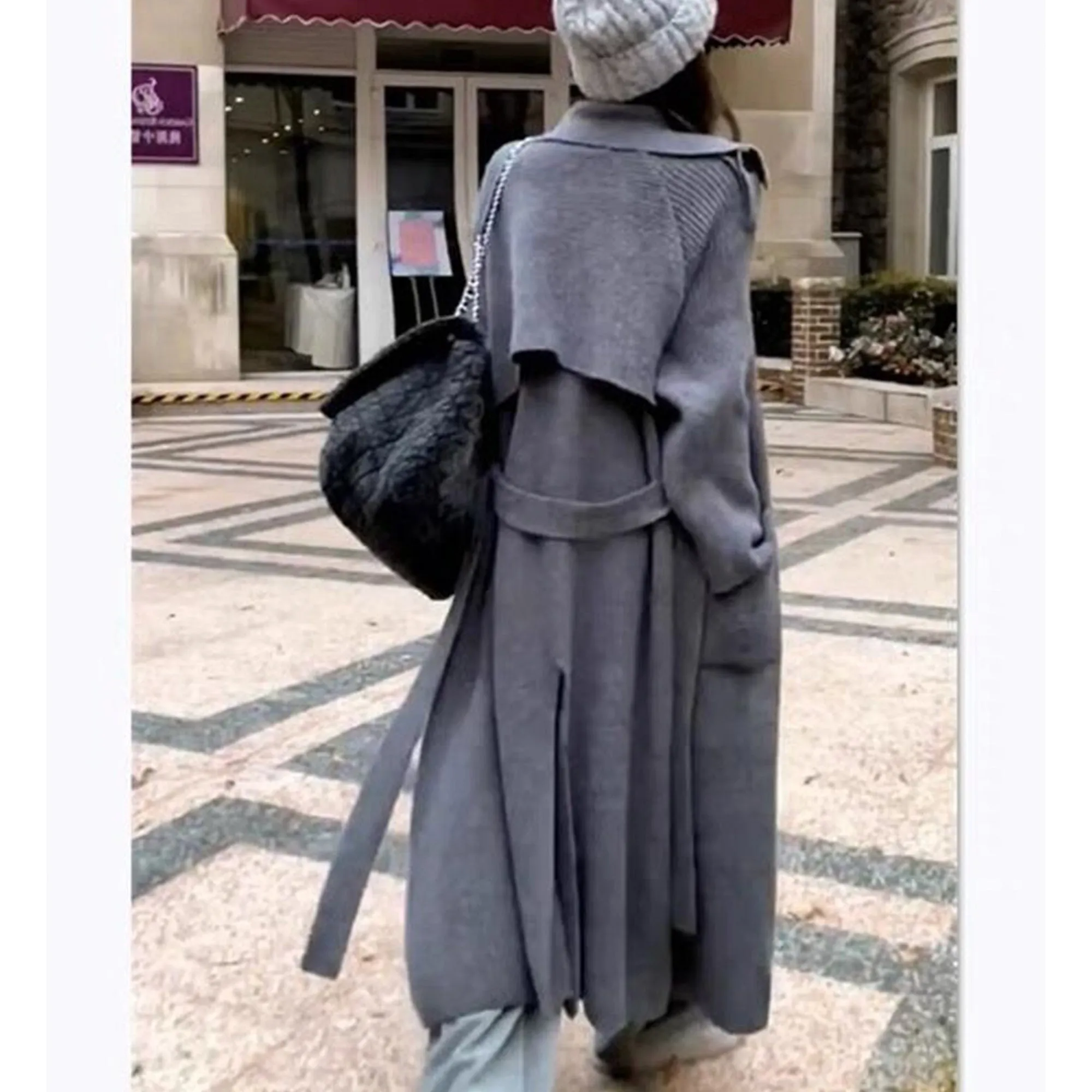 Women's Thick Loose Design Knit Long Cardigan Coat Made of Sheep Wool