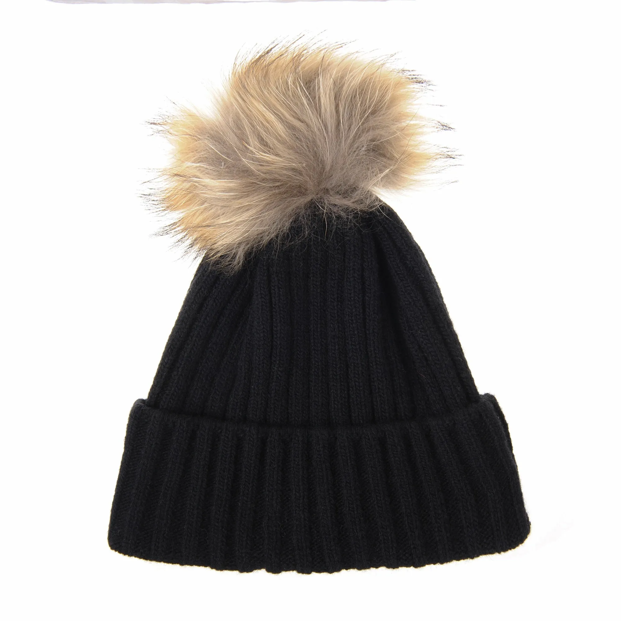 Wool Ribbed Knitted Beanie Hat Slouchy Bobble Pom AC5476