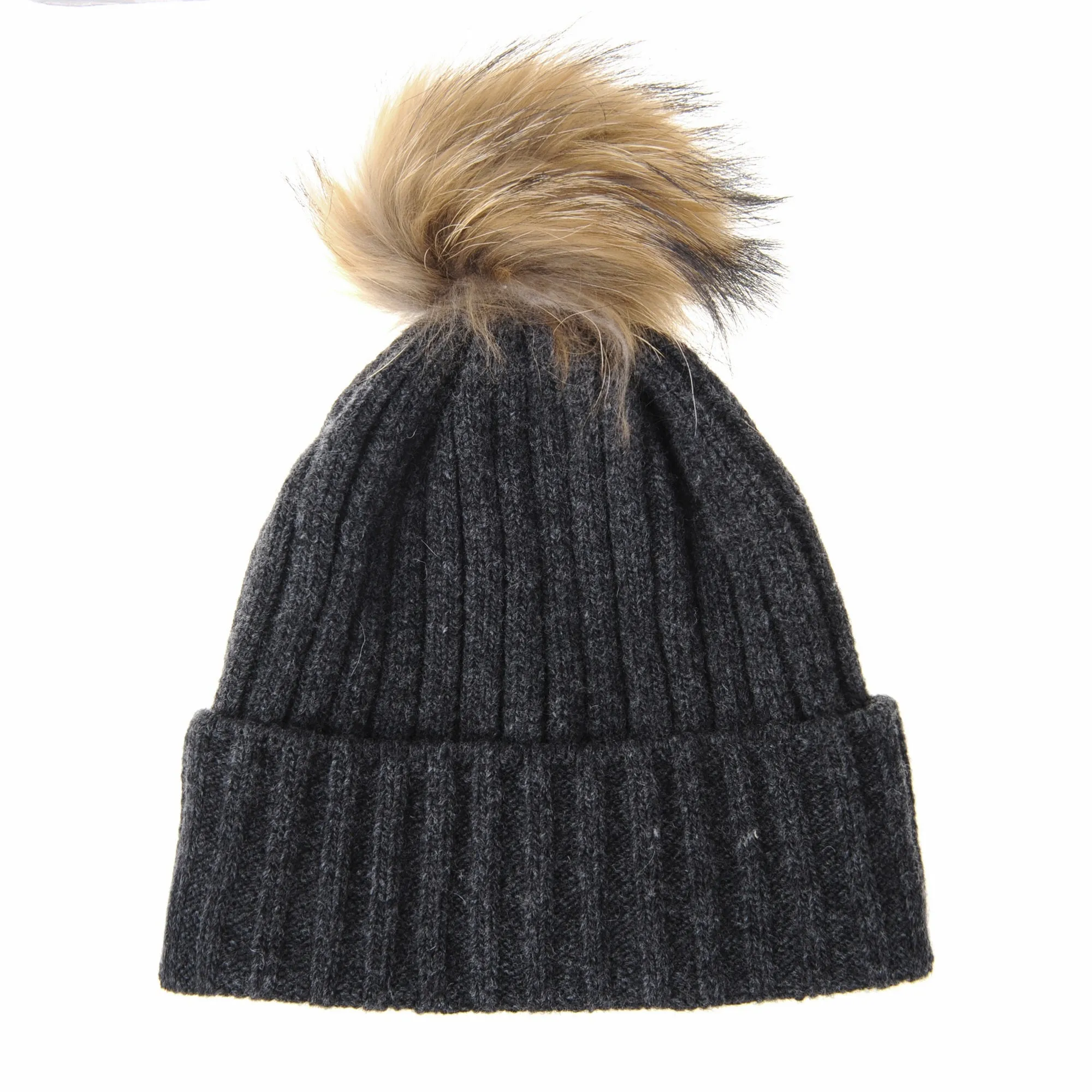 Wool Ribbed Knitted Beanie Hat Slouchy Bobble Pom AC5476