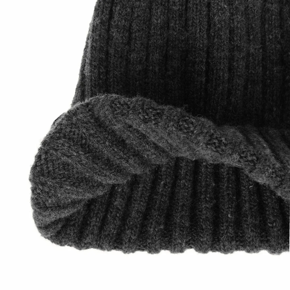 Wool Ribbed Knitted Beanie Hat Slouchy Bobble Pom AC5476