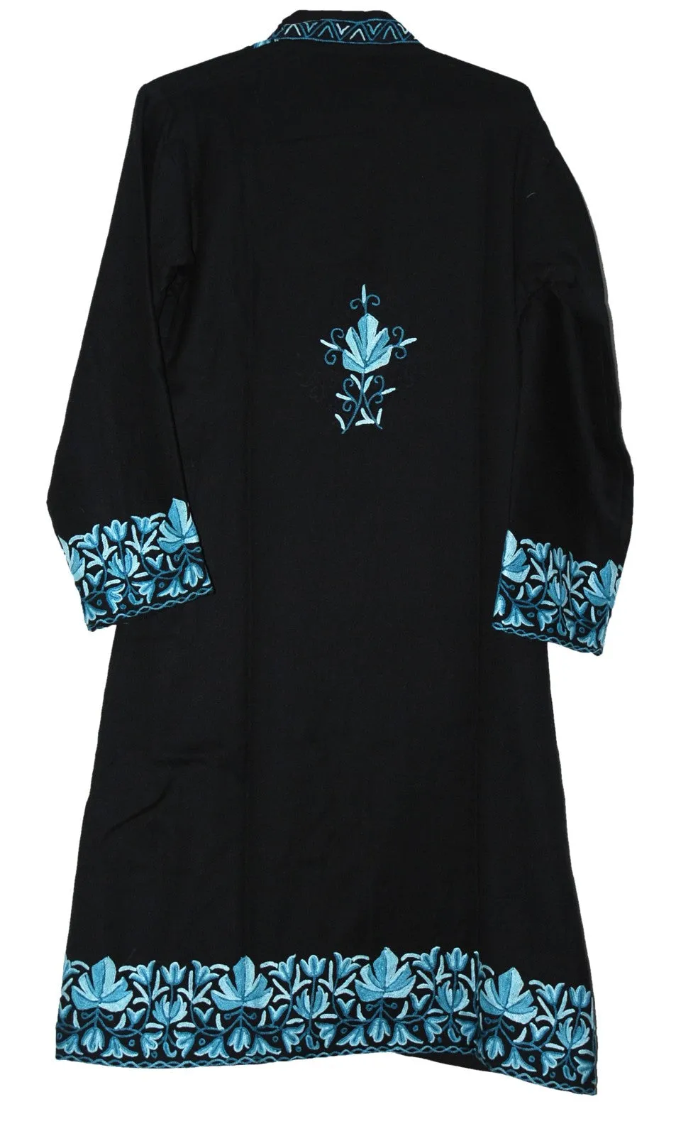 Woolen Coat Long Jacket Black, Blue Embroidery #BD-118