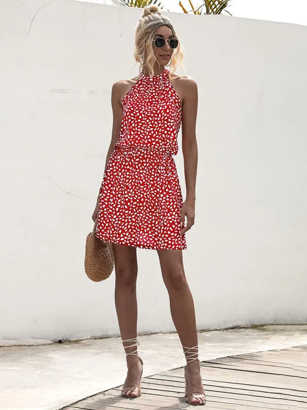 Woven off-shoulder halter strap heart print dress