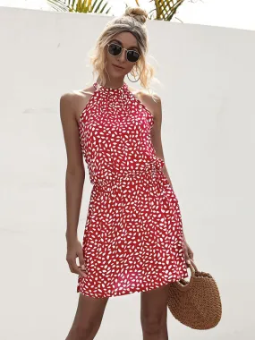 Woven off-shoulder halter strap heart print dress