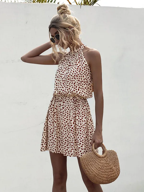 Woven off-shoulder halter strap heart print dress