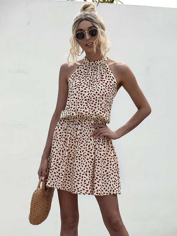 Woven off-shoulder halter strap heart print dress