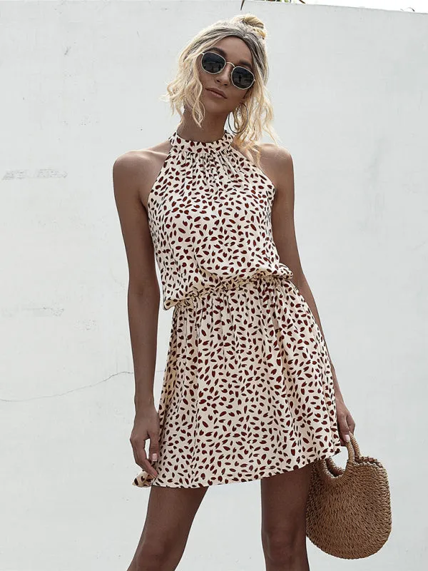 Woven off-shoulder halter strap heart print dress