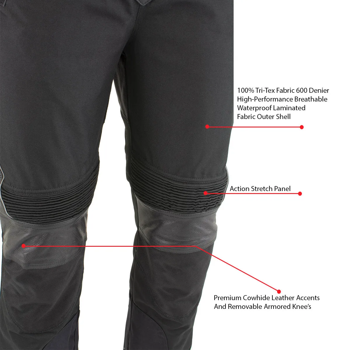 Xelement CF2131 Men’s ‘Road Racer’ Black Tri-Tex and Leather Motorcycle Racing Pants with X-Armor Protection