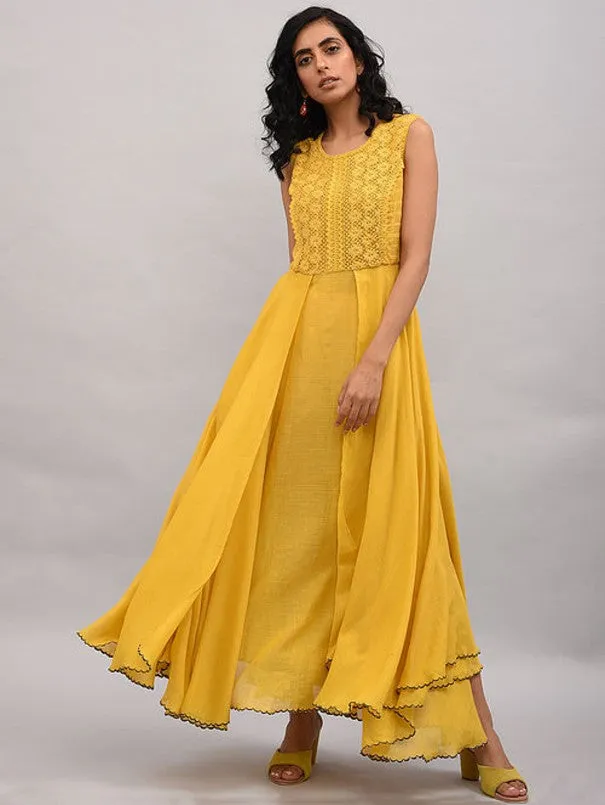 Yellow Lace Trimmed Double Layered Dress