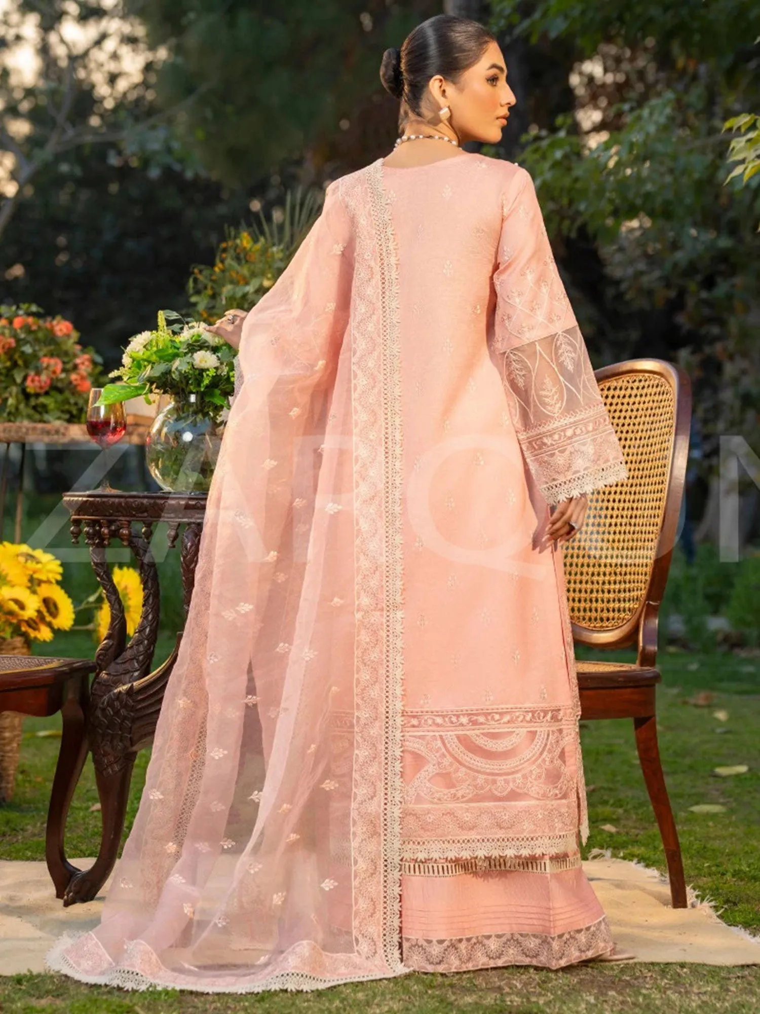 Zarqun Pink Embroidered Luxury Khadi Net Suit (2420A)